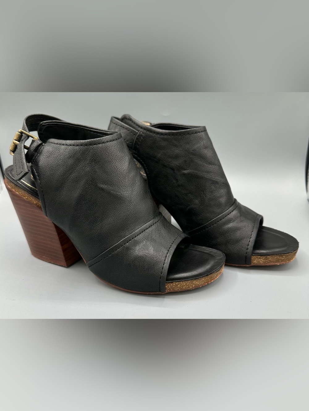 Isola Isanti black leather open-toe chunky heel sandal with wood-stacked heel
